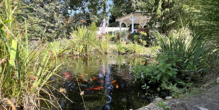 Schön angelegter Fischteich und Gartenpavillon