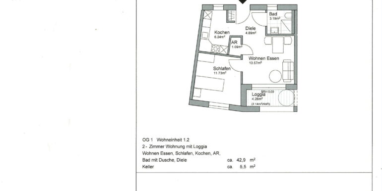 1.Obergeschoss 42,90 m²